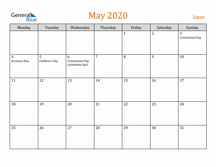 May 2020 Holiday Calendar with Monday Start