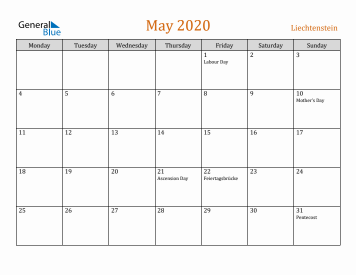 May 2020 Holiday Calendar with Monday Start