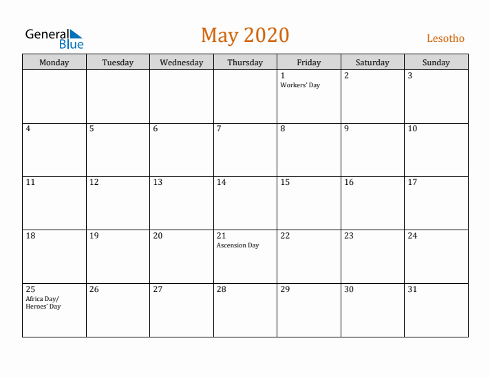 May 2020 Holiday Calendar with Monday Start