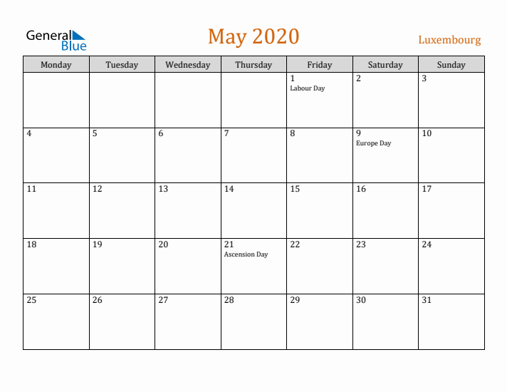 May 2020 Holiday Calendar with Monday Start