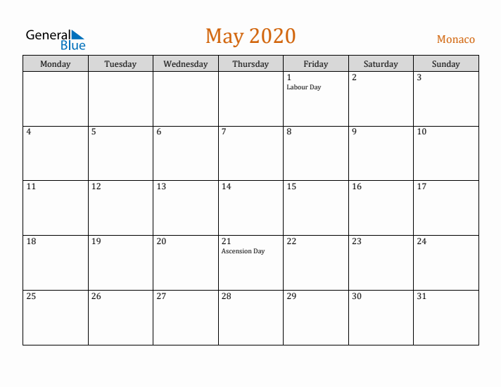 May 2020 Holiday Calendar with Monday Start