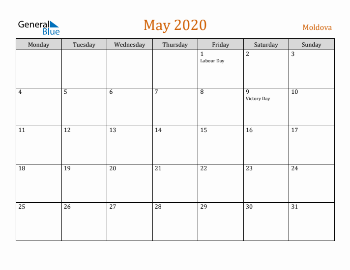 May 2020 Holiday Calendar with Monday Start