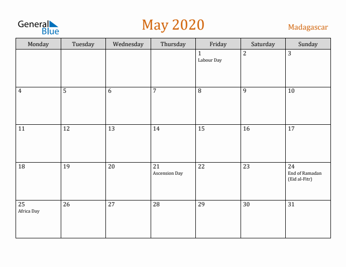 May 2020 Holiday Calendar with Monday Start