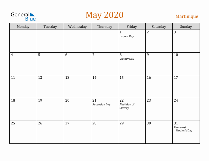 May 2020 Holiday Calendar with Monday Start