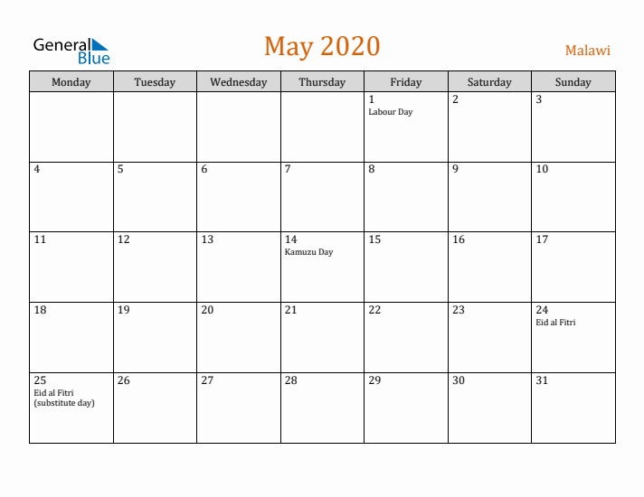 May 2020 Holiday Calendar with Monday Start