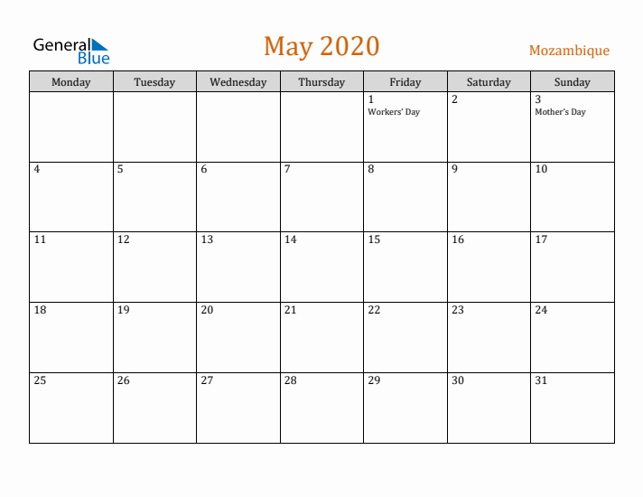 May 2020 Holiday Calendar with Monday Start