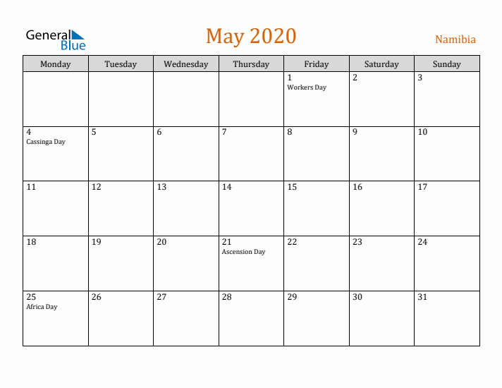 May 2020 Holiday Calendar with Monday Start