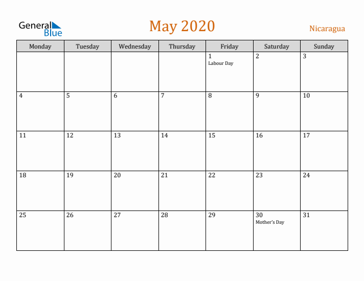 May 2020 Holiday Calendar with Monday Start