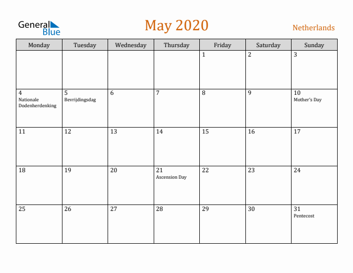 May 2020 Holiday Calendar with Monday Start