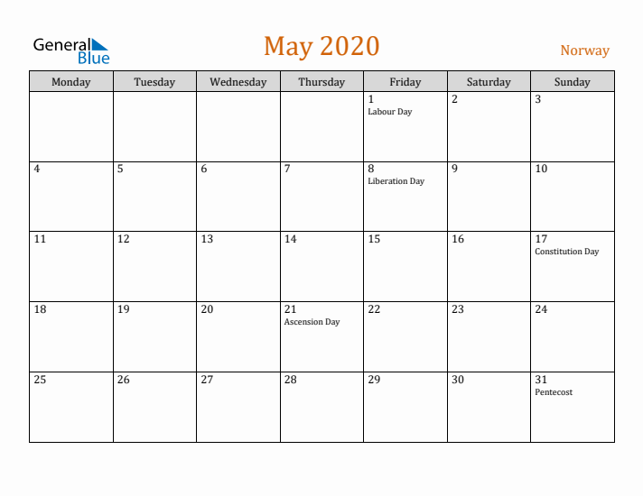 May 2020 Holiday Calendar with Monday Start