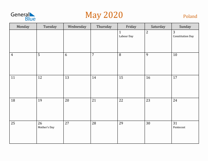 May 2020 Holiday Calendar with Monday Start