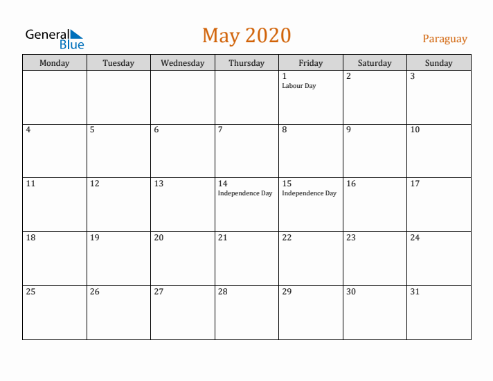 May 2020 Holiday Calendar with Monday Start