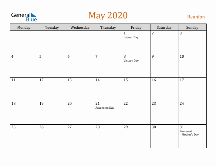 May 2020 Holiday Calendar with Monday Start