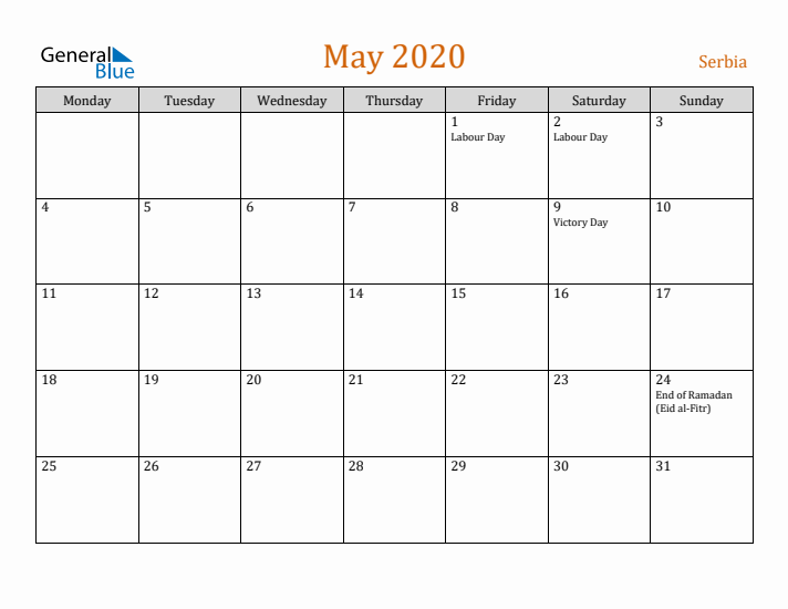 May 2020 Holiday Calendar with Monday Start