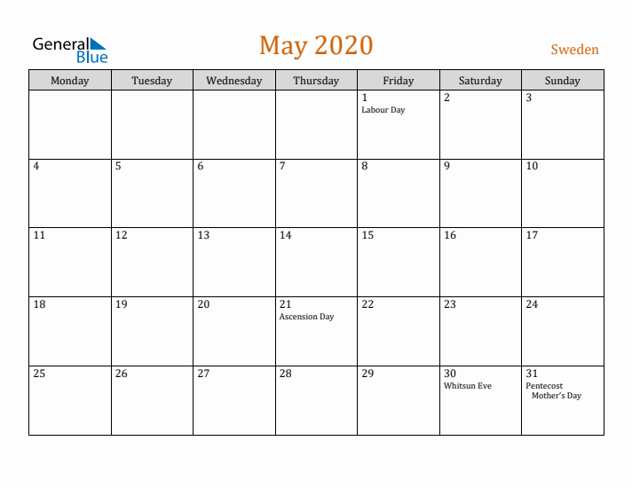 May 2020 Holiday Calendar with Monday Start