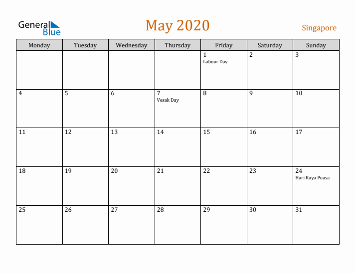 May 2020 Holiday Calendar with Monday Start