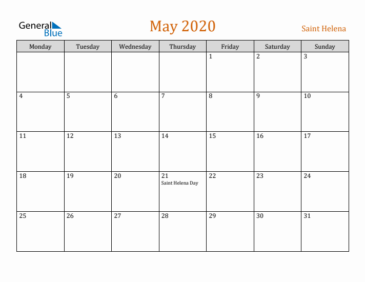 May 2020 Holiday Calendar with Monday Start