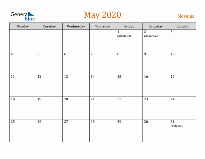 May 2020 Holiday Calendar with Monday Start