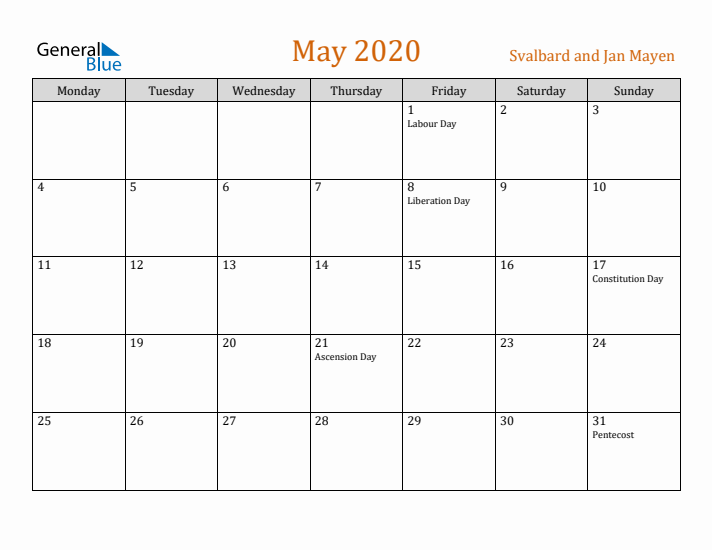 May 2020 Holiday Calendar with Monday Start