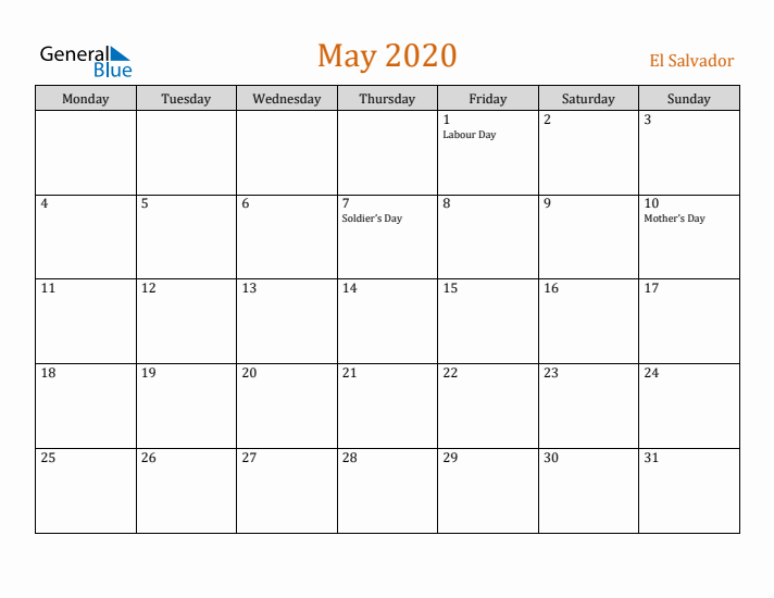 May 2020 Holiday Calendar with Monday Start