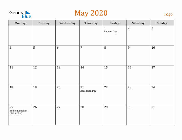 May 2020 Holiday Calendar with Monday Start