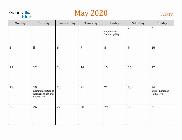 May 2020 Holiday Calendar with Monday Start