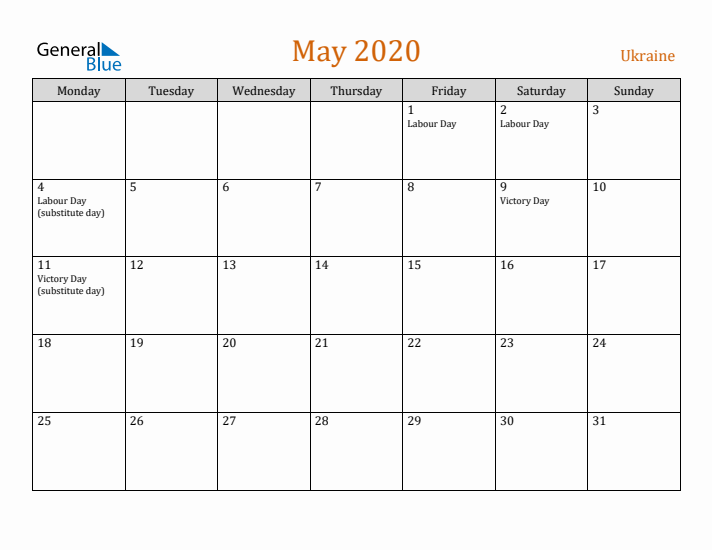 May 2020 Holiday Calendar with Monday Start