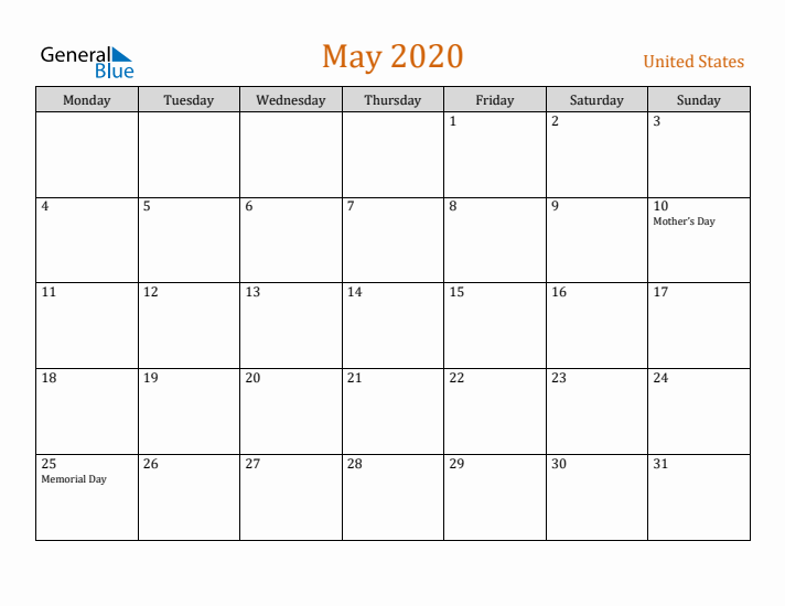 May 2020 Holiday Calendar with Monday Start