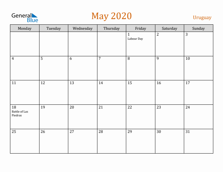 May 2020 Holiday Calendar with Monday Start