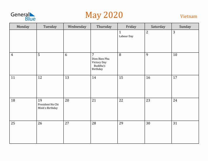 May 2020 Holiday Calendar with Monday Start