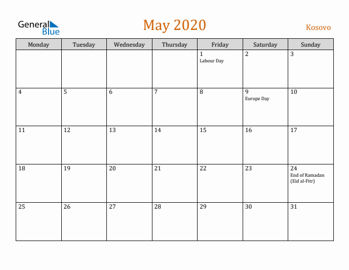 May 2020 Holiday Calendar with Monday Start