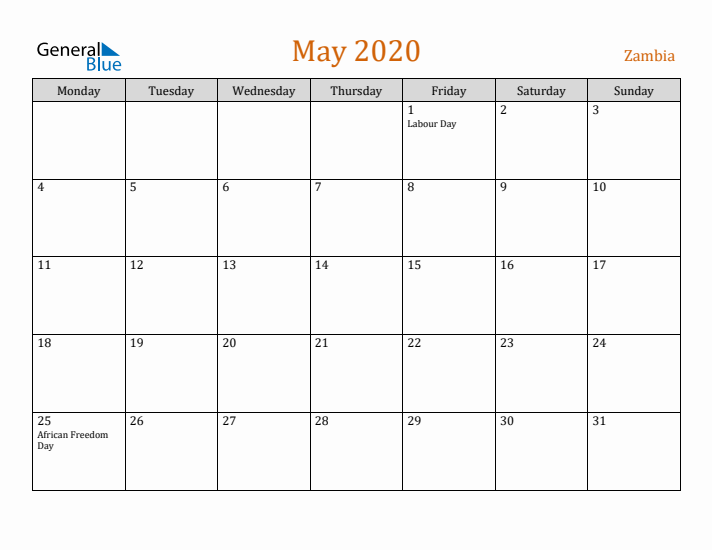 May 2020 Holiday Calendar with Monday Start