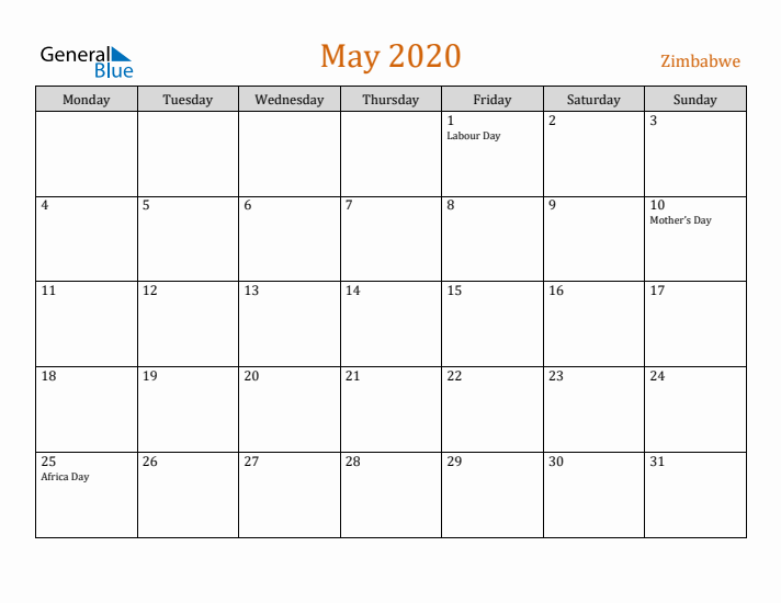 May 2020 Holiday Calendar with Monday Start