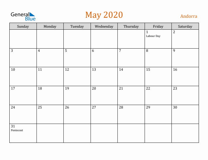 May 2020 Holiday Calendar with Sunday Start