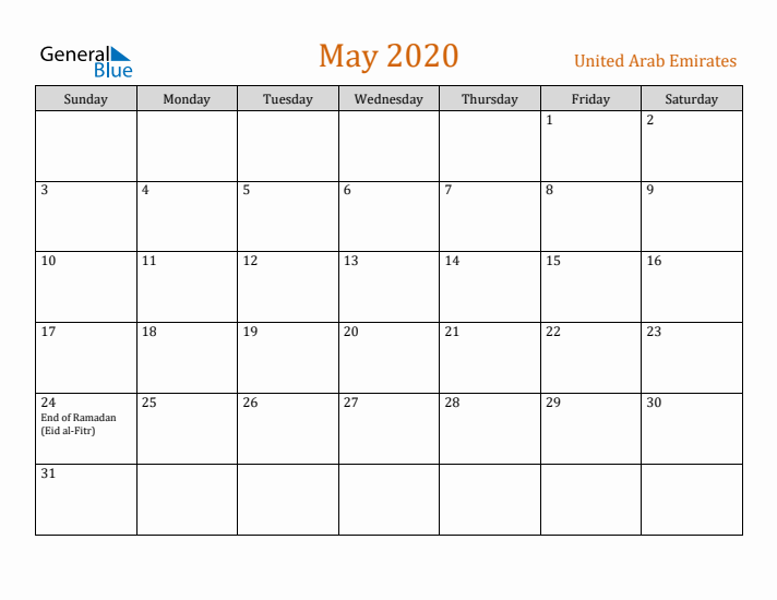 May 2020 Holiday Calendar with Sunday Start