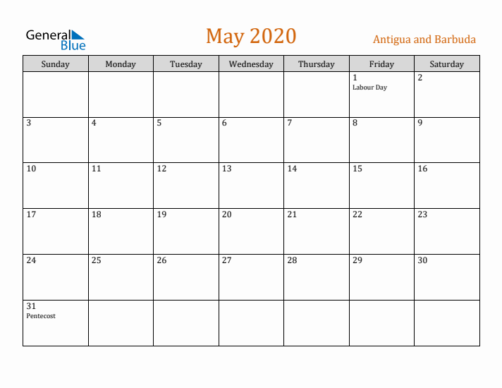 May 2020 Holiday Calendar with Sunday Start