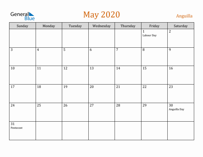 May 2020 Holiday Calendar with Sunday Start