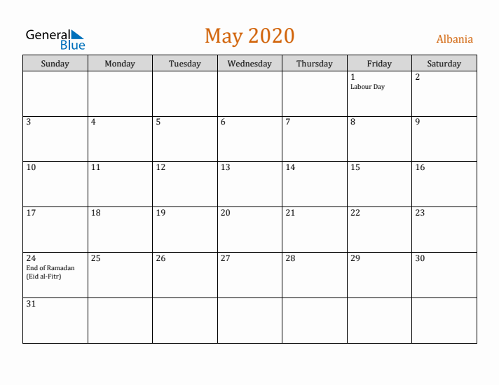 May 2020 Holiday Calendar with Sunday Start