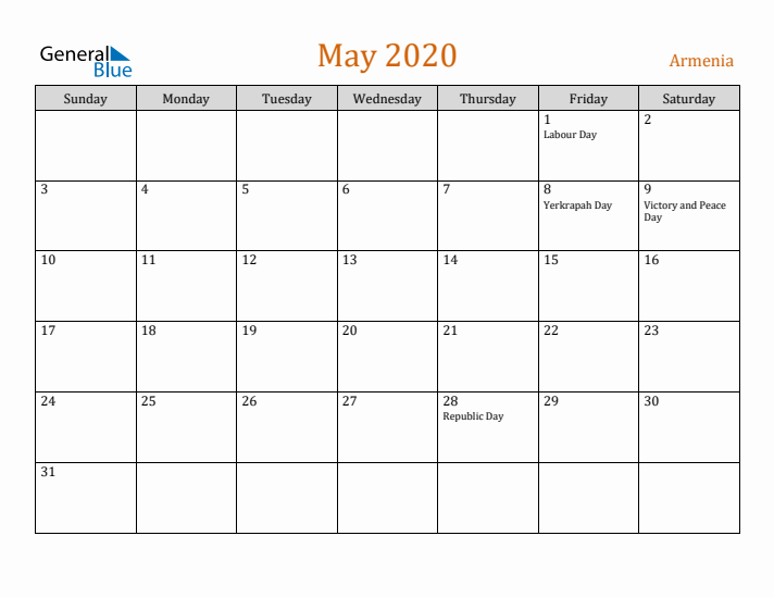 May 2020 Holiday Calendar with Sunday Start