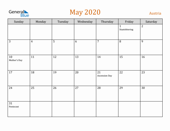 May 2020 Holiday Calendar with Sunday Start