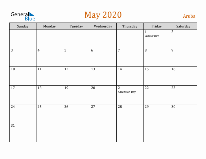 May 2020 Holiday Calendar with Sunday Start