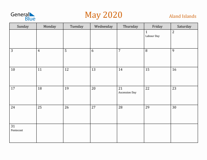 May 2020 Holiday Calendar with Sunday Start