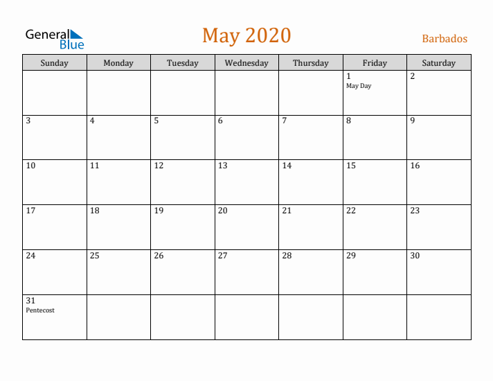 May 2020 Holiday Calendar with Sunday Start