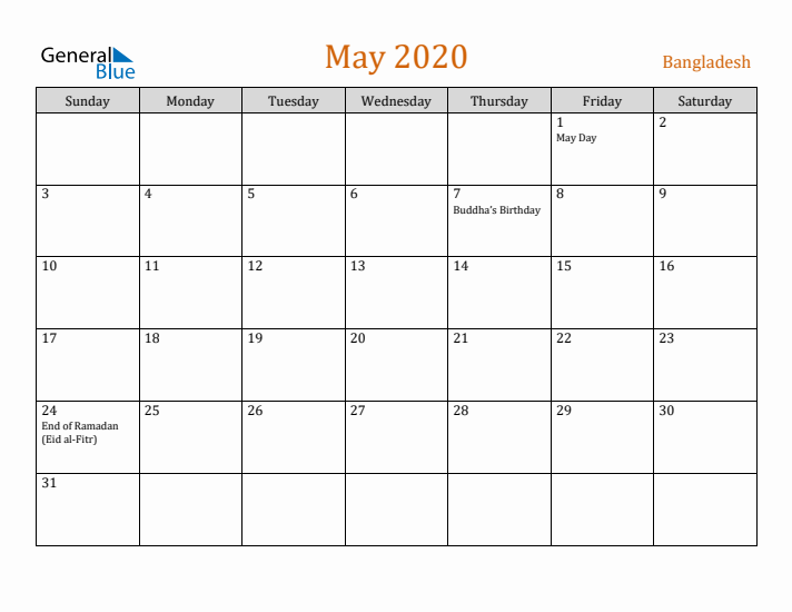 May 2020 Holiday Calendar with Sunday Start