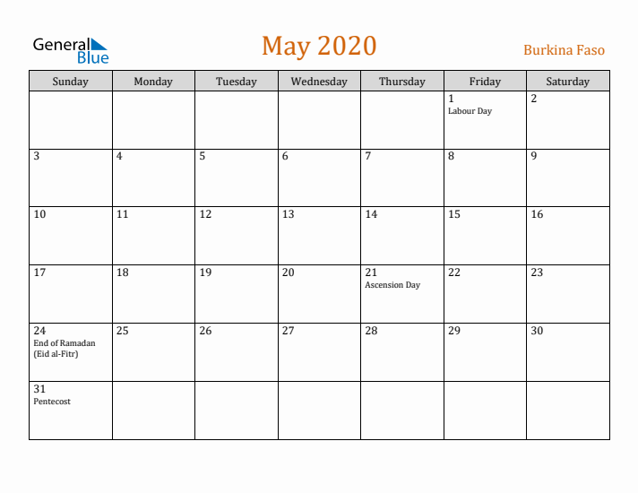 May 2020 Holiday Calendar with Sunday Start