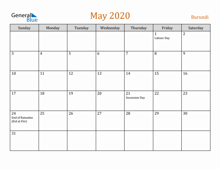 May 2020 Holiday Calendar with Sunday Start