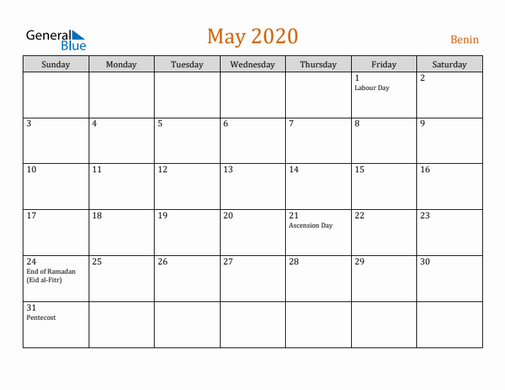 May 2020 Holiday Calendar with Sunday Start