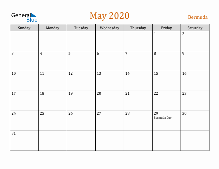 May 2020 Holiday Calendar with Sunday Start