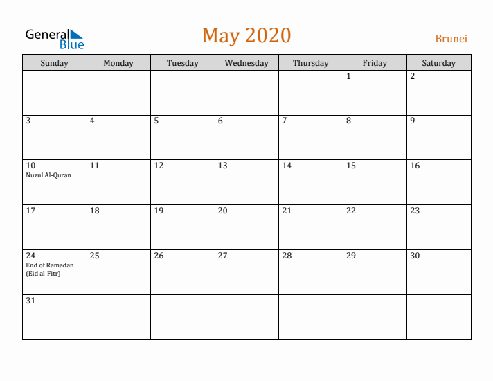 May 2020 Holiday Calendar with Sunday Start