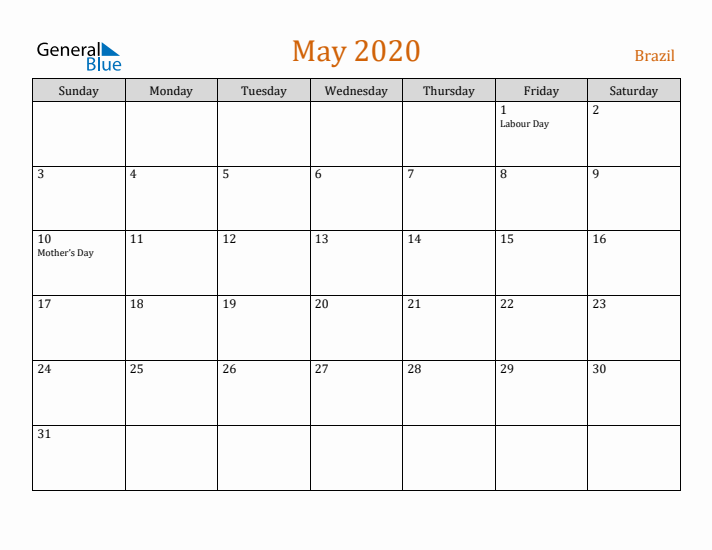 May 2020 Holiday Calendar with Sunday Start